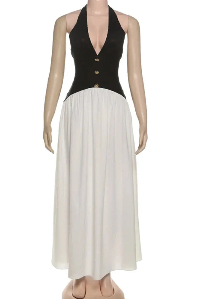 V Neck Backless Patchwork Sleeveless High Waist Maxi Dress