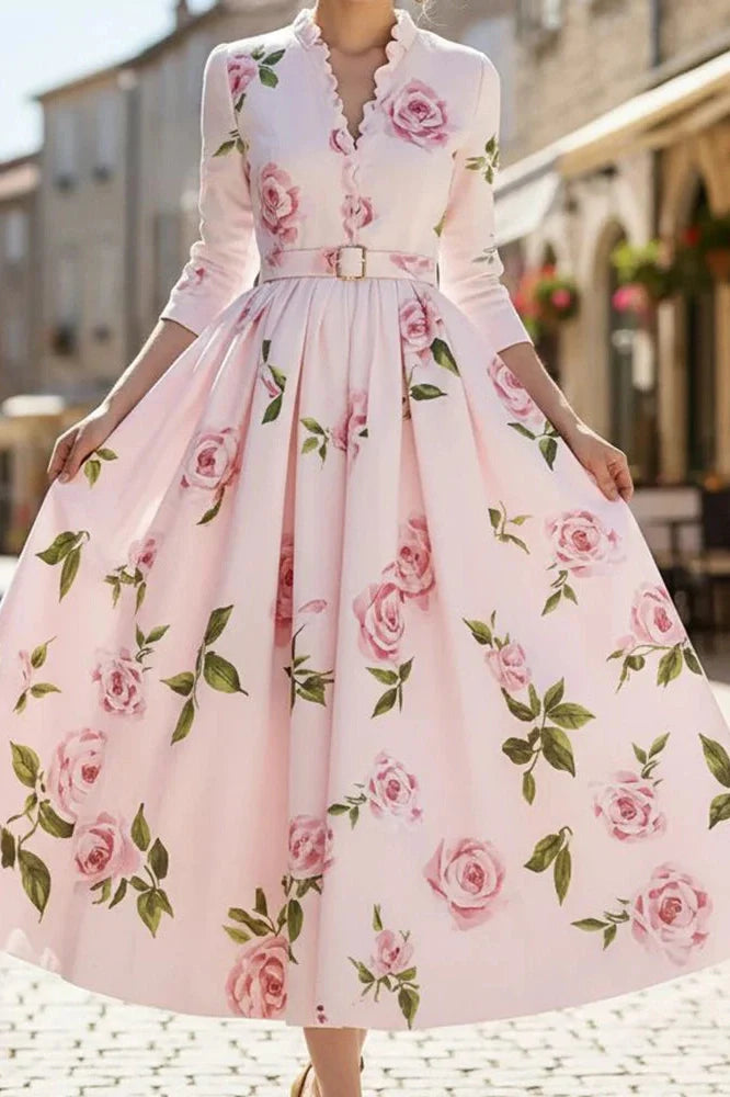 Elegant High Waist A-Line V-Neck Printed Long Sleeve Pleated Midi Dress