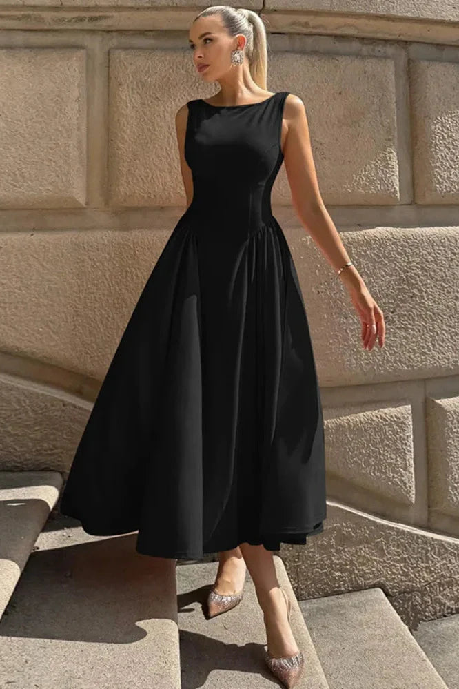 Sleeveless Pleated O Neck High Waist A-Line Midi Dress