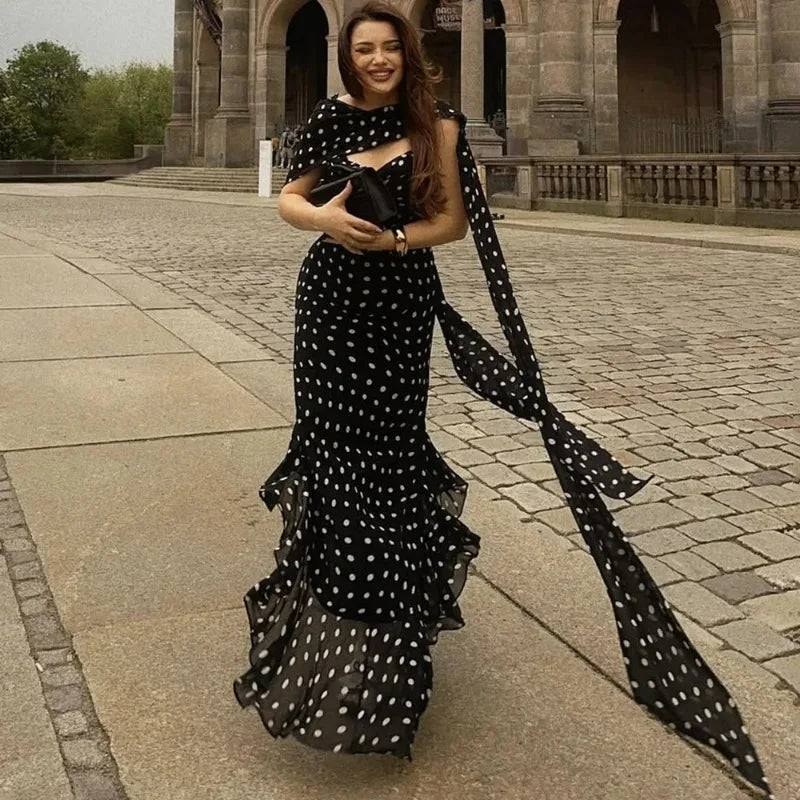 Elegant Polka Dot Scarf Ribbon Pleated Maxi Dress