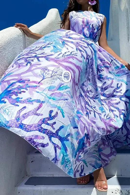 Printed Pleated Sleeveless High Waist Maxi Dress
