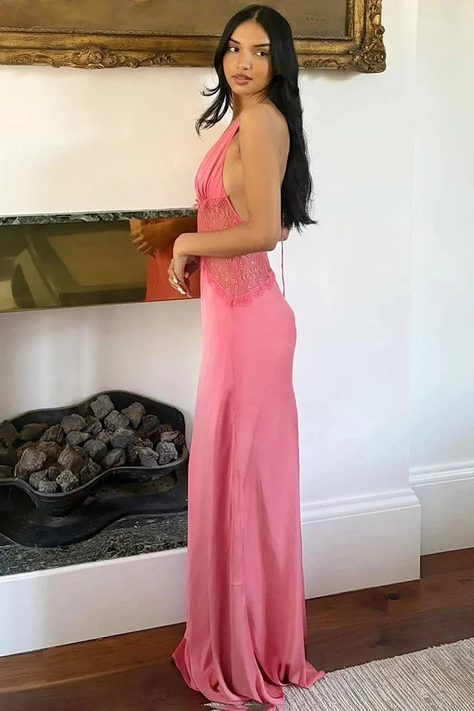Lace Deep V-Neck Backless High Waist Slim Maxi Dress
