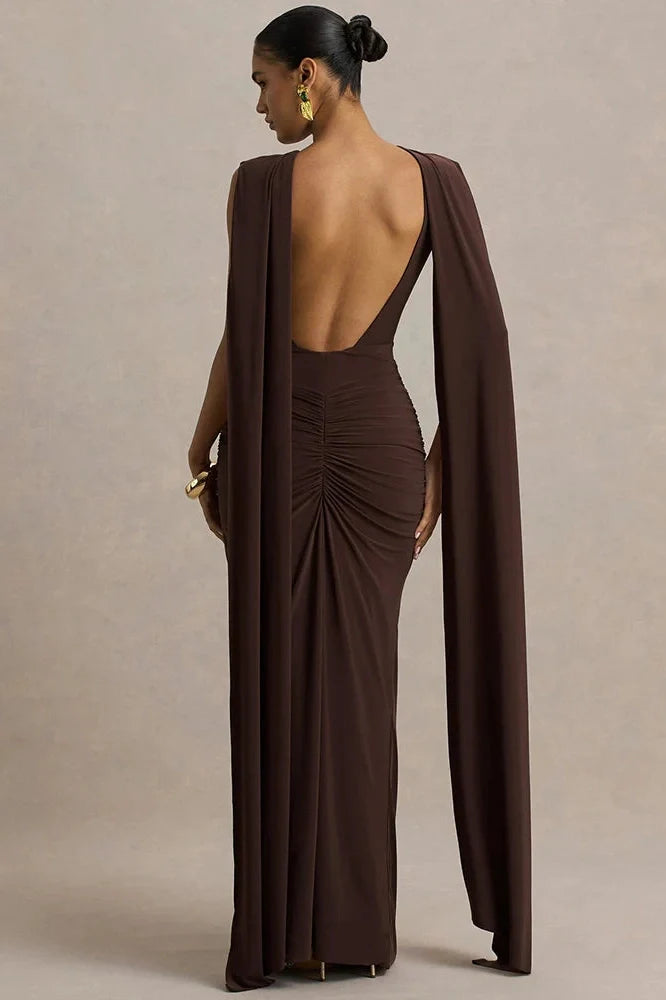 Backless Cape Sleeves High Waist Bodycon Maxi Dress