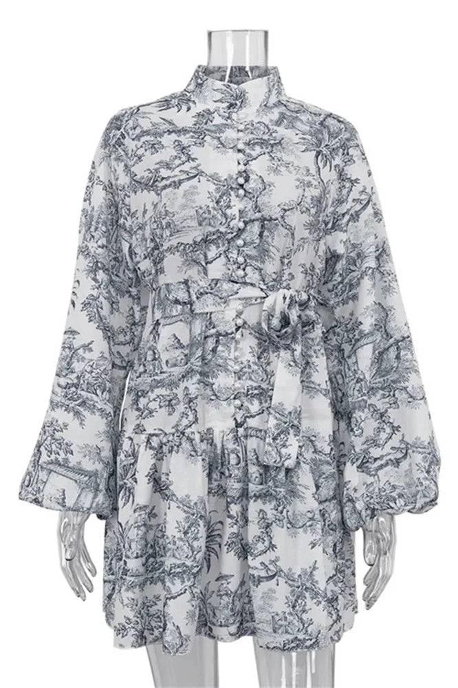 Printed Lace-Up Pleated Long Sleeve Mini Dress