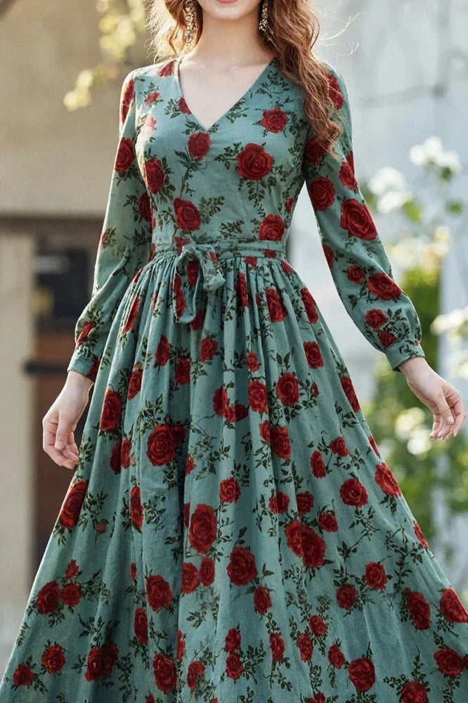 Elegant Long Sleeve Slim Pleated V-Neck Printed Maxi Dress