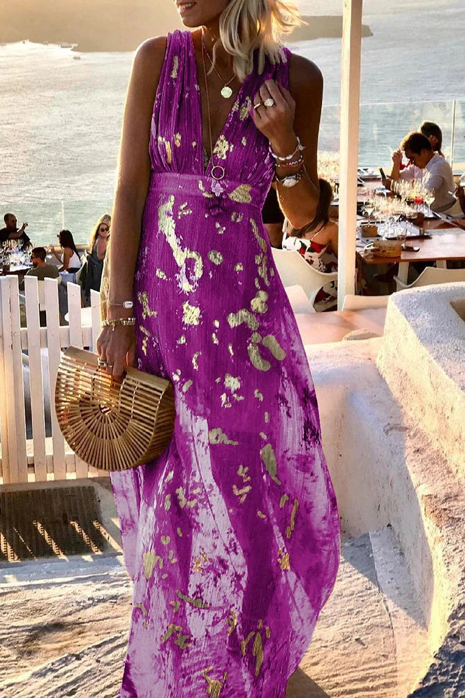 Hollow High Waist Printed Sleeveless Deep V Neck Maxi Dress