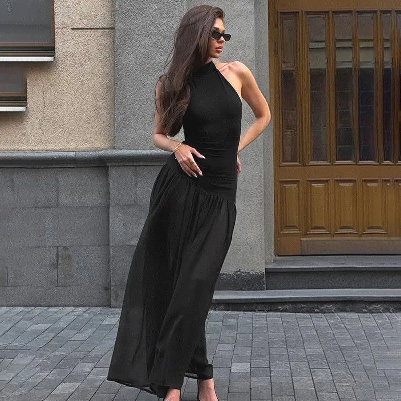 Off Shoulder Patchwork Lace-Up Maxi Dress