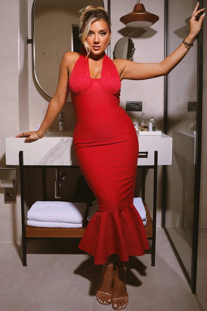 Sleeveless Deep V Neck Backless Bodycon Maxi Dress