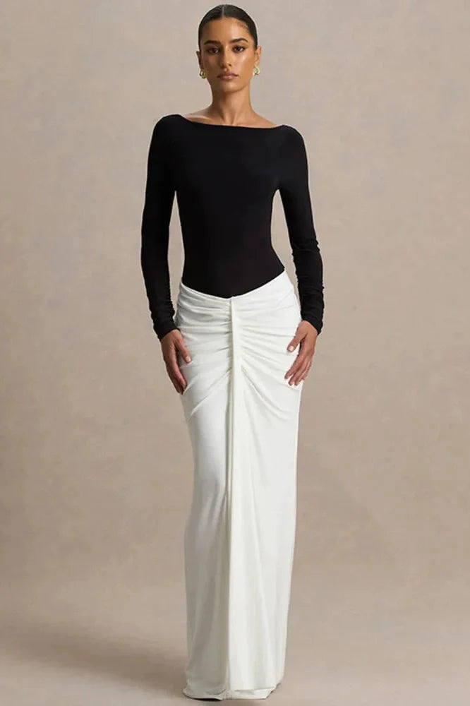 Long Sleeve Backless Patchwork High Waist Maxi Dress