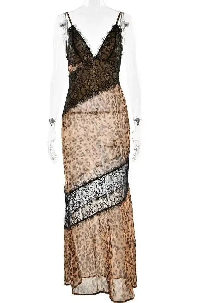 Printed Spaghetti Strap Patchwork See Through Sleeveless Maxi Dress