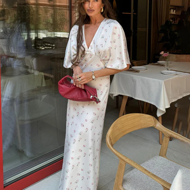 Printed V-Neck Short Sleeve Maxi Dress