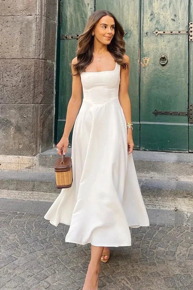 Sleeveless Square Collar High Waist A-Line Midi Dress