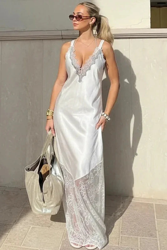 Hollow Lace Loose Backless V-Neck Sleeveless Maxi Dress