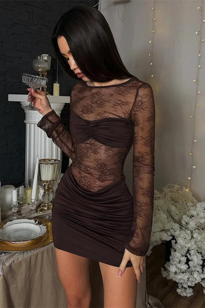 Lace Printed See-Through Long Sleeve Mini Dress