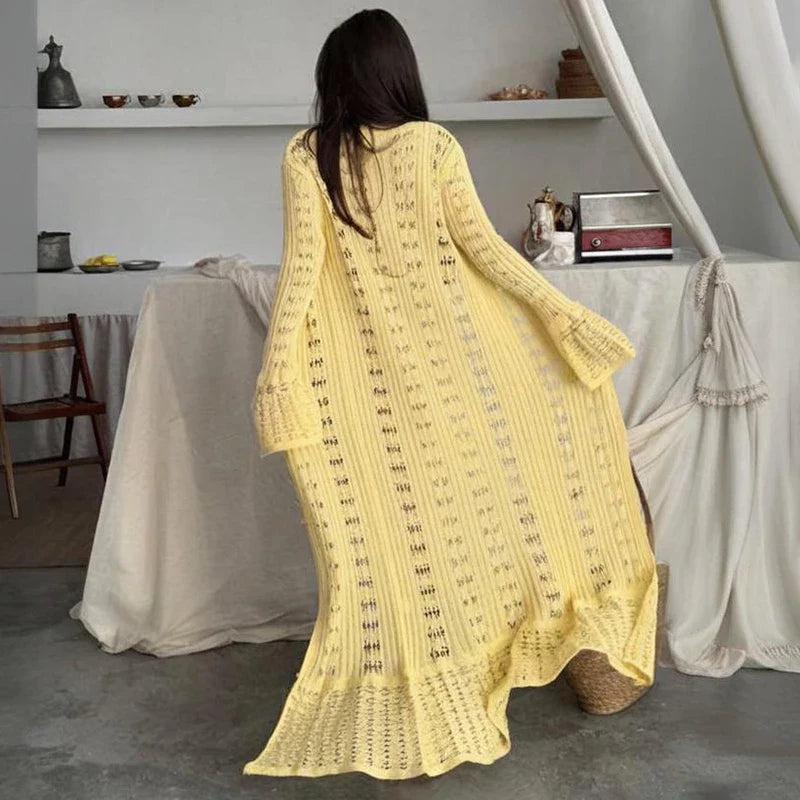 Hollow Knitted Long Sleeve Maxi Dress
