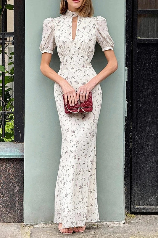 Short Sleeve Printed High Collar Slim Maxi Dress
