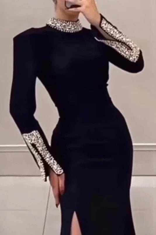 Elegant High Slit Long Sleeve Slim Turtleneck Maxi Dress