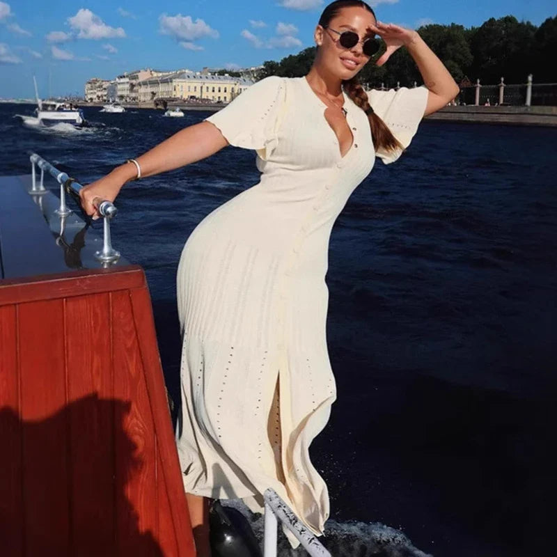 O-Neck Short Sleeve Single Breasted Slim Midi Dress