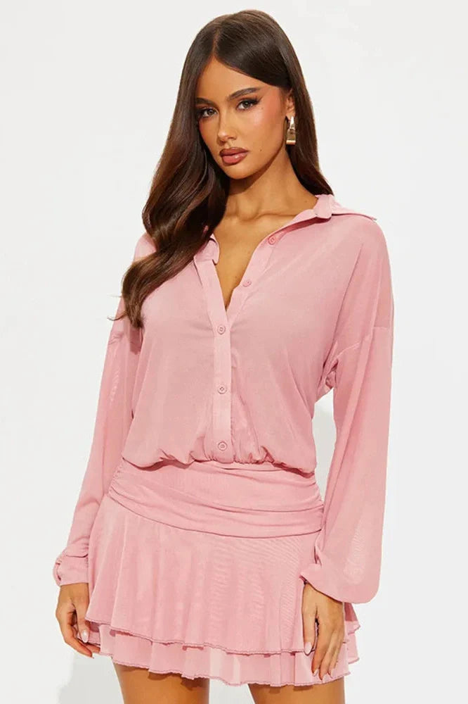 See Through Long Sleeve Single-Breasted Mini Dress
