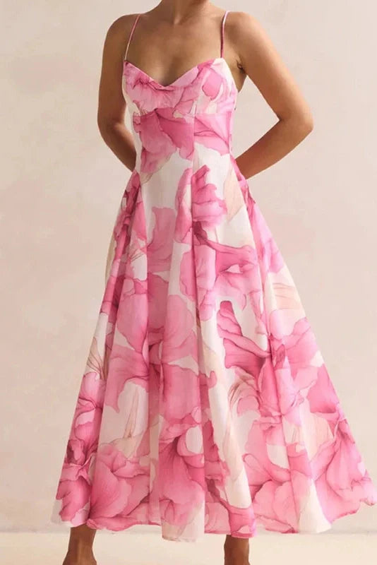 Floral Printed High Waist Sleeveless Pleated Midi Dress