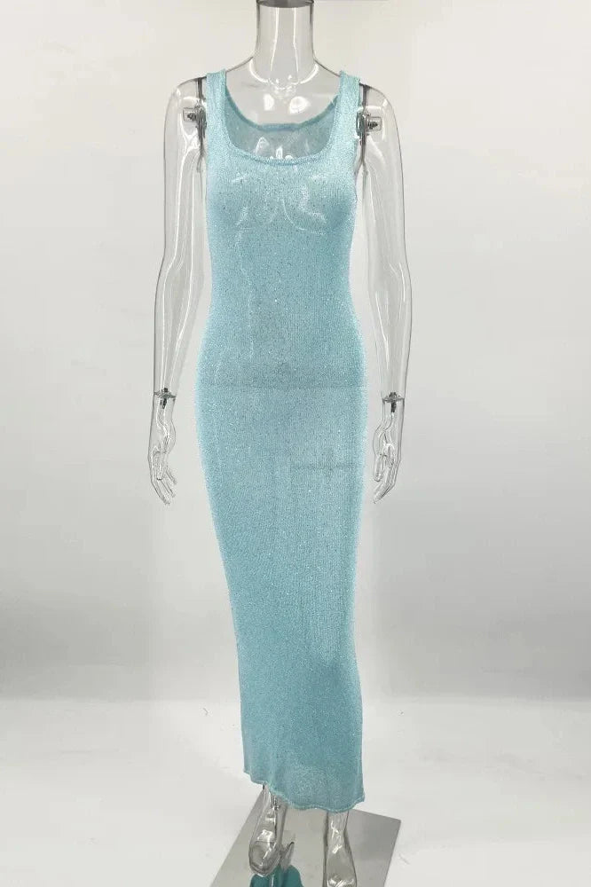 Elegant Slim Backless See-Through Patchwork Maxi Dress