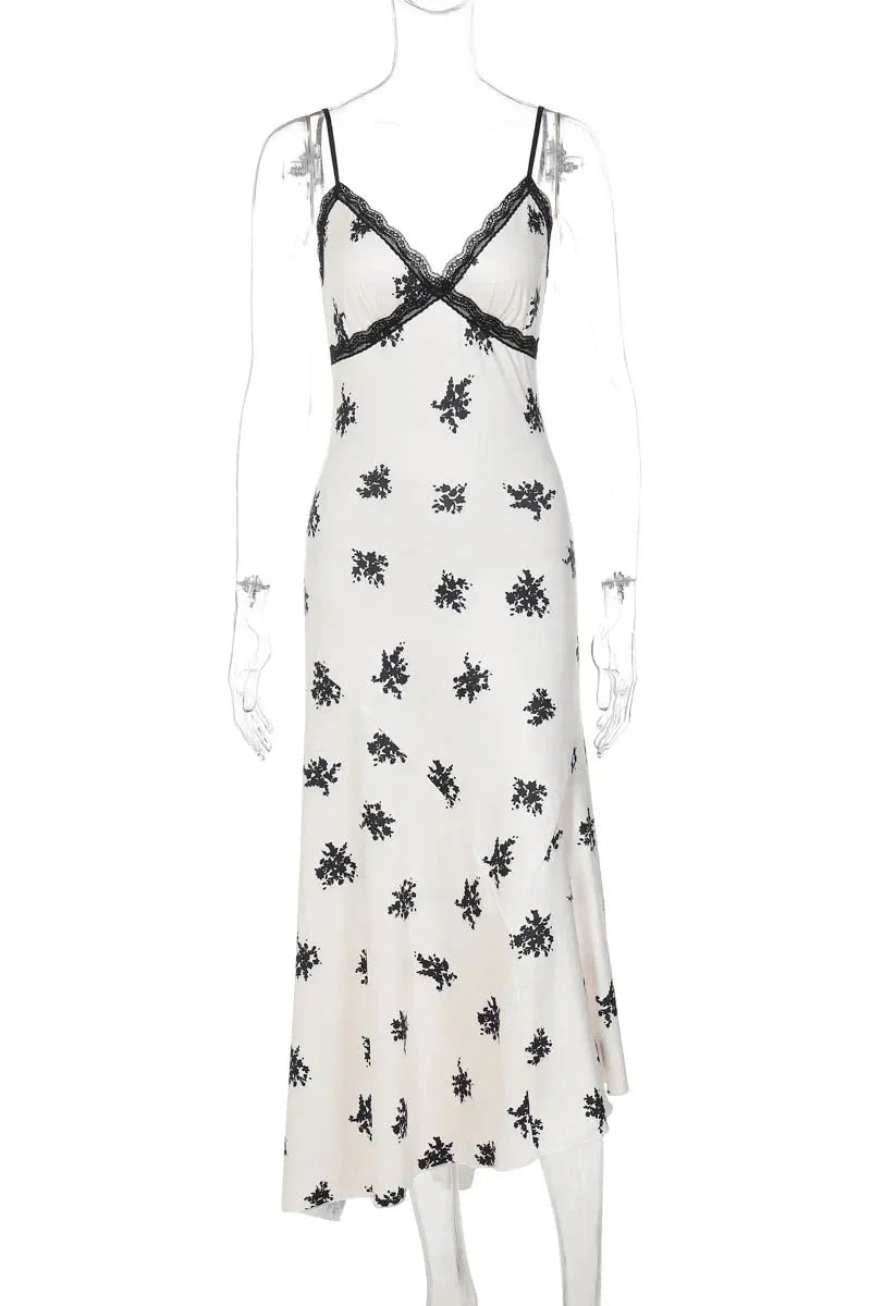 Lace Printed Backless Sleeveless V-Neck Slim Midi Dress