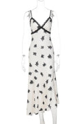 Lace Printed Backless Sleeveless V-Neck Slim Midi Dress