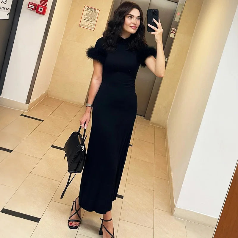 Elegant Patchwork High Collar Maxi Dress
