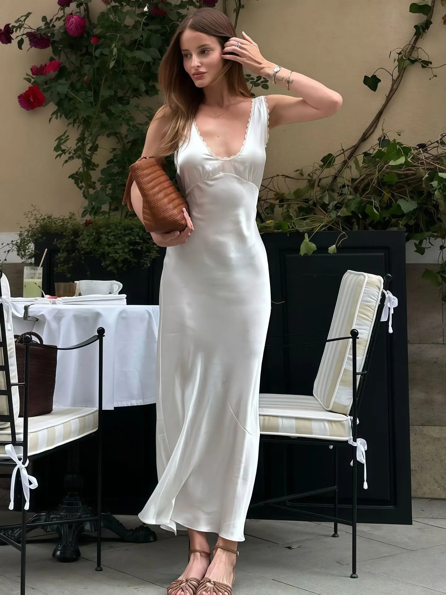 Sleeveless Slim Lace V Neck Maxi Dress