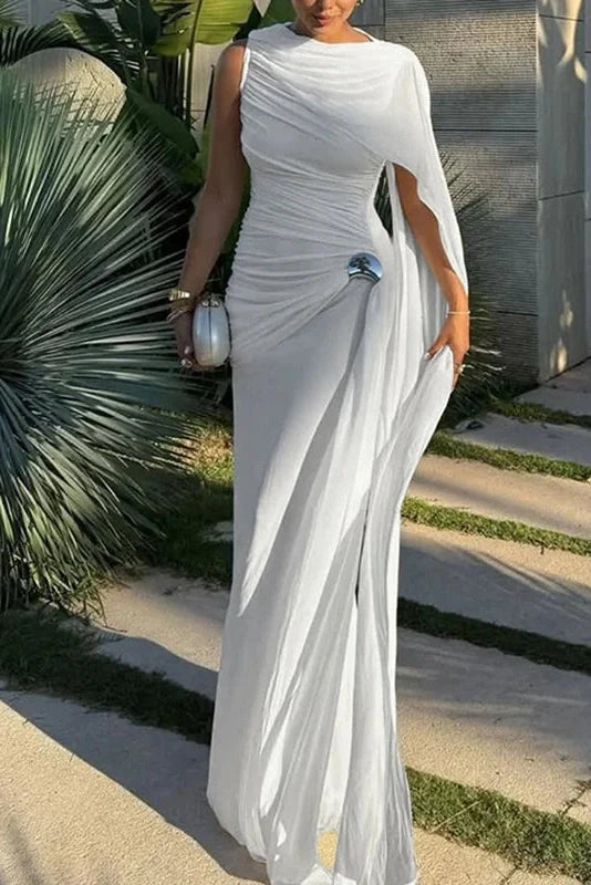 Elegant Slim Pleated High Waist Sleeveless Irregular Maxi Dress