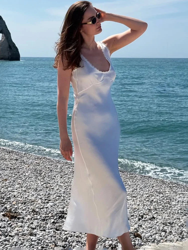 Lace Patchwork V-Neck Sleeveless Slim Midi Dress