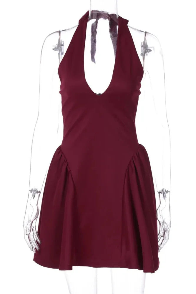 Deep V Neck Sleeveless Backless High Waist A-line Mini Dress