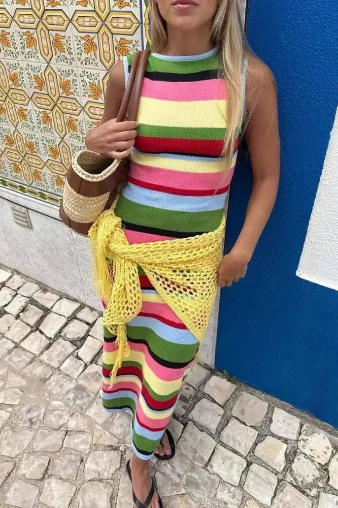 Striped Knit Patchwork Sleeveless Bodycon Maxi Dress