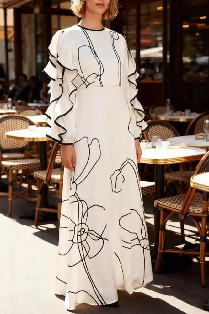 O-Neck High Waist Pleated Sleeve Fit Maxi Dress