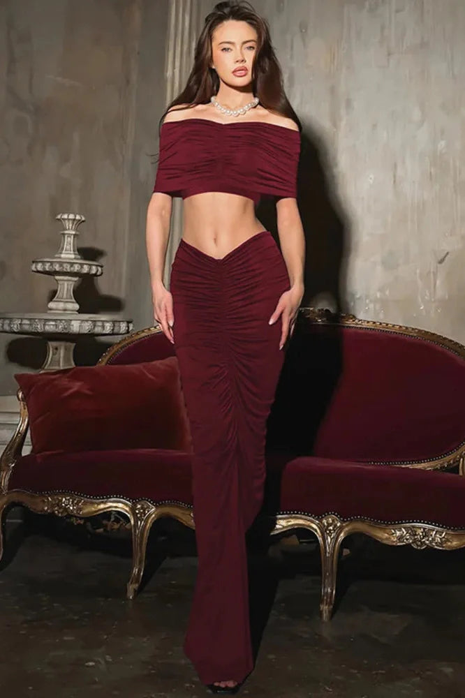 Two Pieces Off-Shoulder Slim Fit Crop Top Maxi Dress