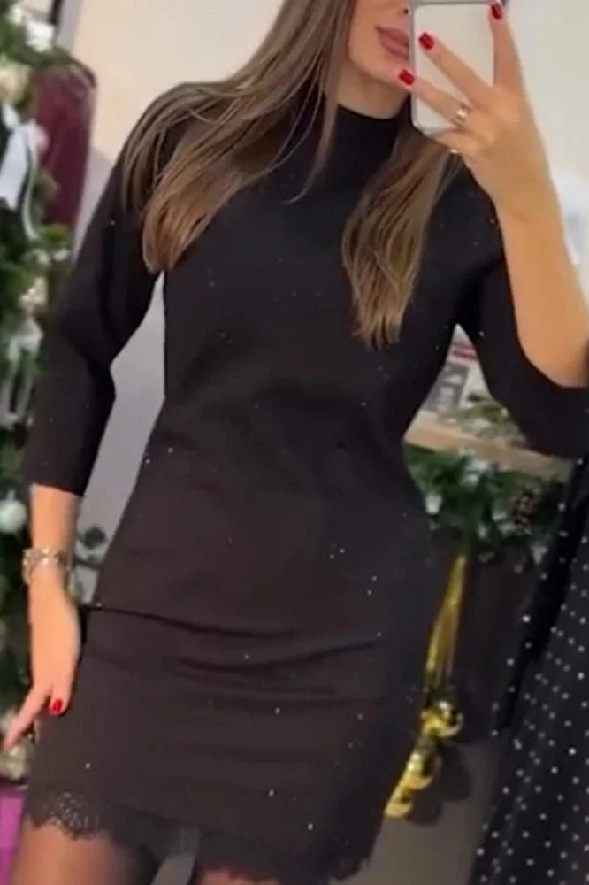 Elegant O-Neck Long Sleeve High Waist Slim Lace Mini Dress