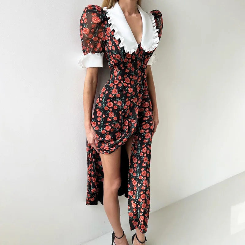 V Neck Printed Split High Waist Maxi Dress
