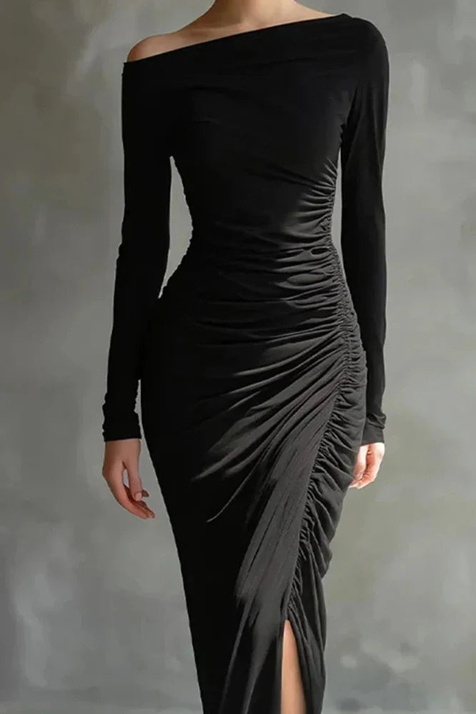 Elegant High Waist Split Long Sleeve Slash Collar Maxi Dress