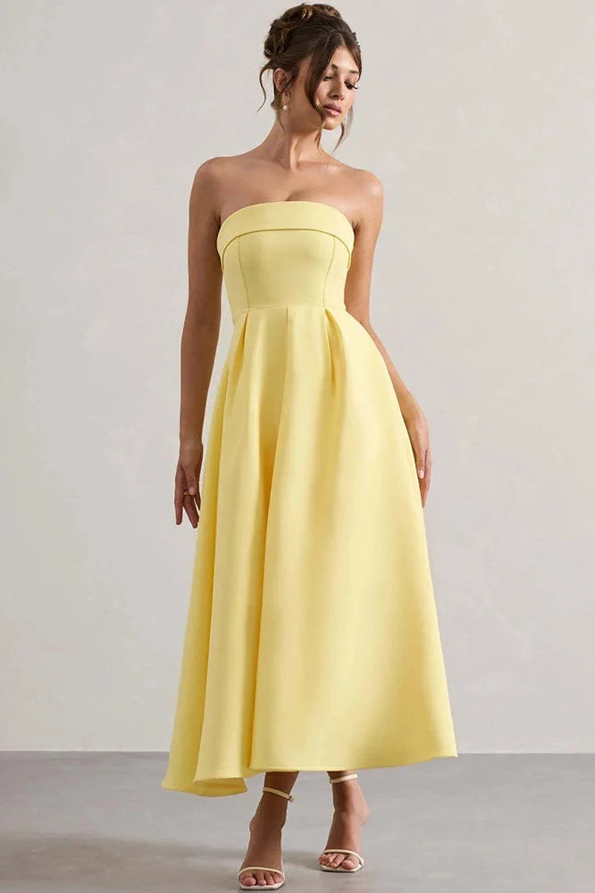 Off-Shoulder Strapless Sleeveless Backless High Waist A-Line Midi Dress