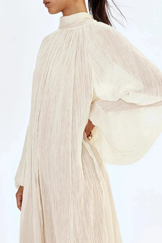 Elegant Pleated O-Neck Long Sleeve Loose Maxi Dress