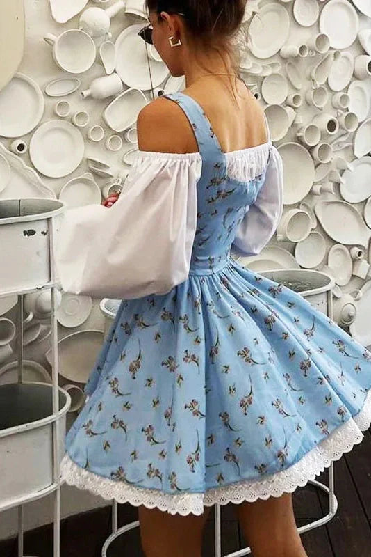 Puff Sleeve Two Piece Strapless Lace Up Mini Dress