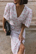 Printed V-Neck Short Sleeve Slim High Waist Maxi Dress