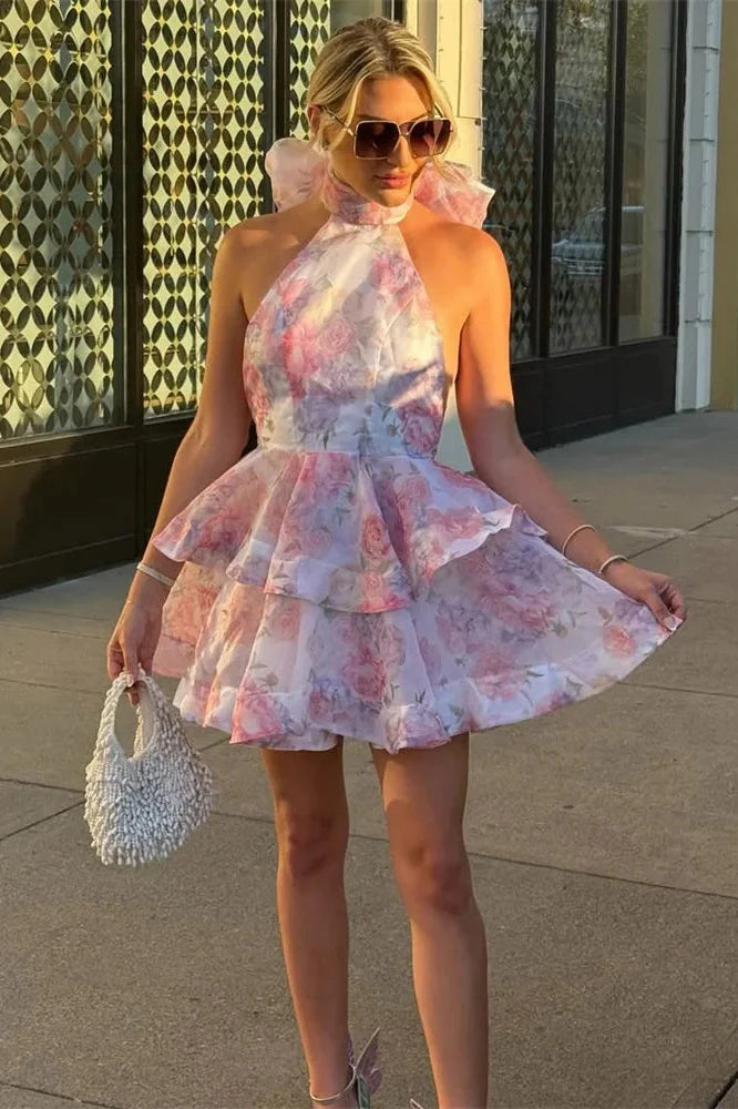 Printed Backless Patchwork High Waist Mini Dress
