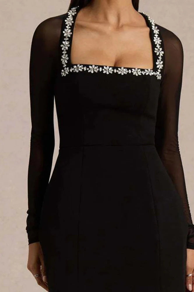 Long Sleeve Slim A-Line High Waist Square Neck Mini Dress