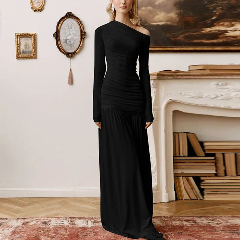 Off Shoulder Patchwork Pleated Long Sleeve Maxi Dress