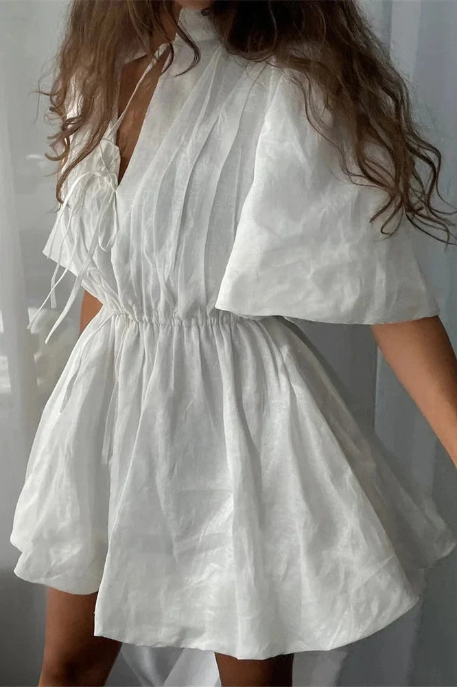 Lace-Up Short Sleeve V-Neck High Waist Mini Dress