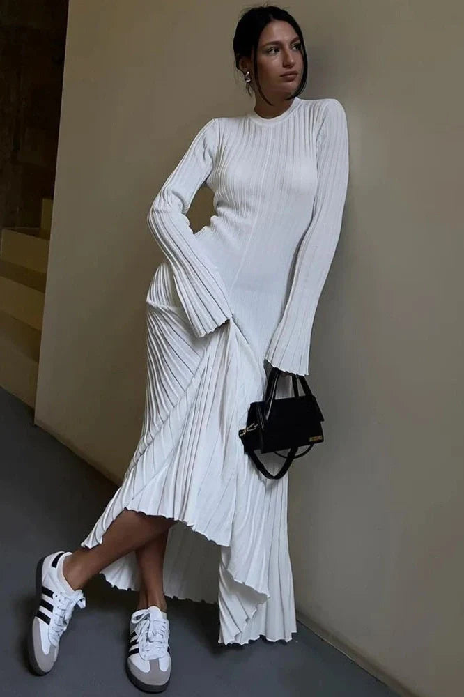 Lace-Up High Waist Patchwork Long Sleeve Maxi Dress