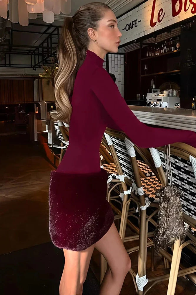 Turtleneck Long Sleeve Patchwork High Waist Bodycon Mini Dress