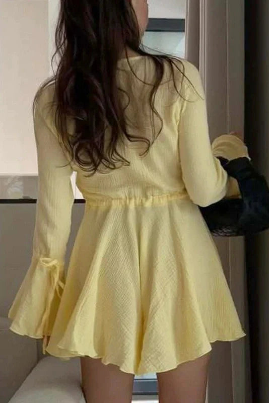 Flared-Sleeve V-Neck Lace-Up Button A-Line Mini Dress