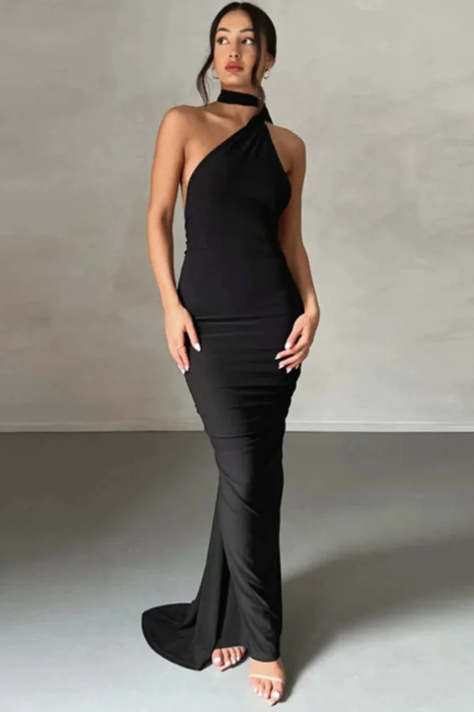 Oblique Shoulder Sleeveless Backless Maxi Dress